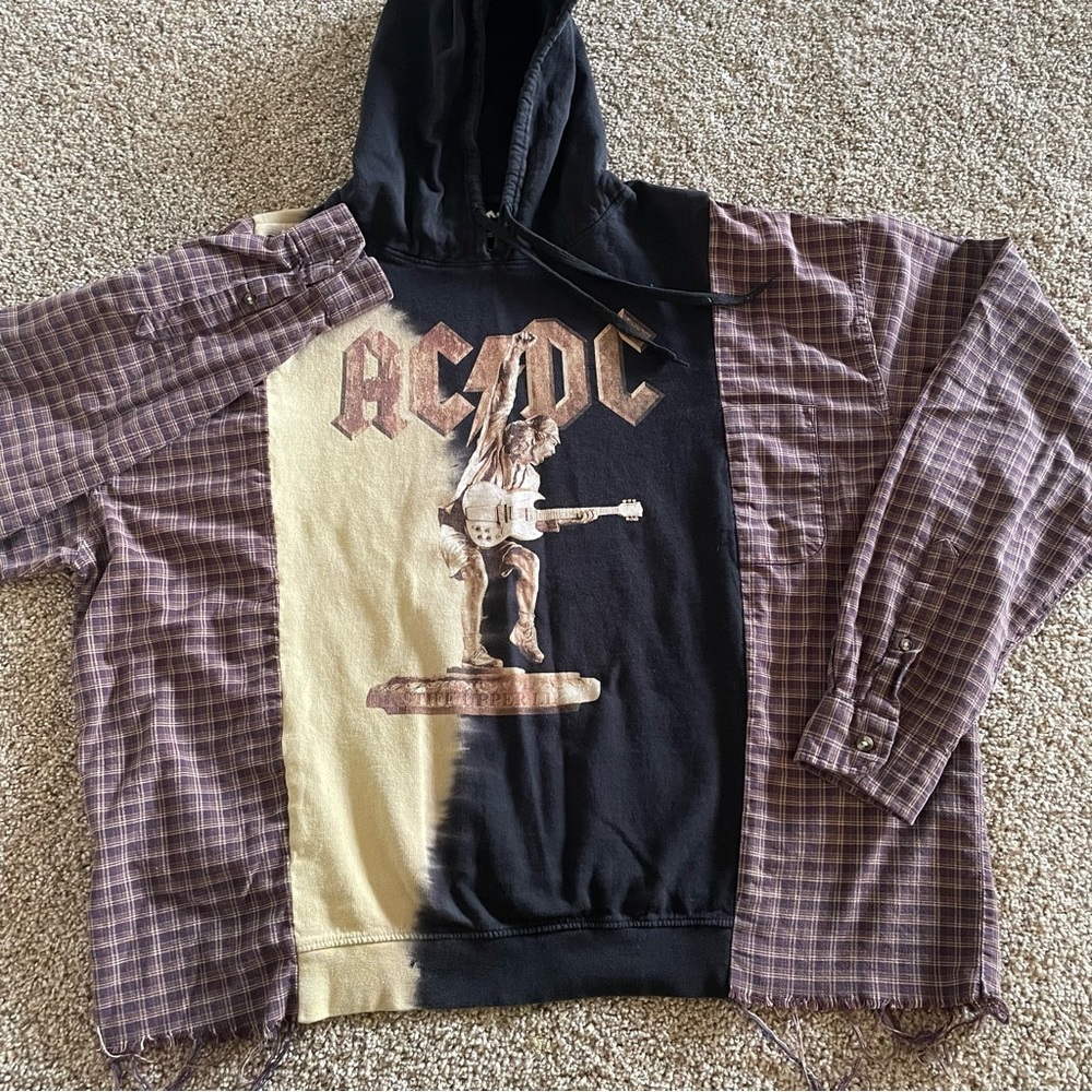 UPCYCLED AC/DC Band Pullover Flannel Hoodie Women’s Fits S-3XL Grunge Oversized